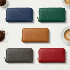 A flat lay illustration featuring a variety of zip around wallet colors including navy, red, and emerald green.