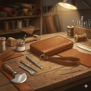 An illustration mapping out the artisan workshop tools used for cutting and sewing a custom leather wristlet bag