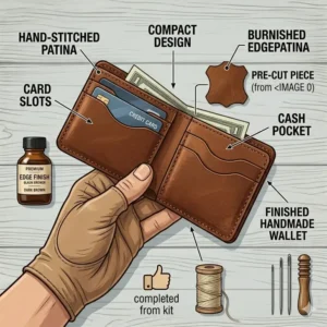 A slim minimalist wallet completed from a leather wallet kit, held in hand to show its functional design.