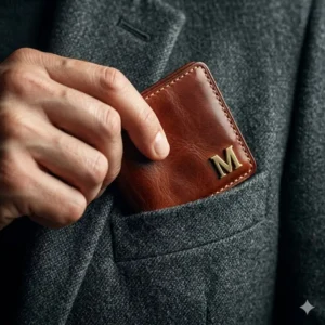 The final result of a slim bifold wallet successfully crafted using a leather wallet making kit.