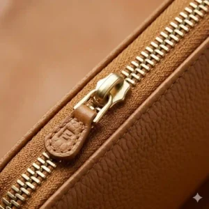 Macro shot of the smooth-glide metal zipper on a premium zip around wallet.