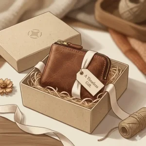 An illustration of a small coin purse leather presented in a premium gift box.