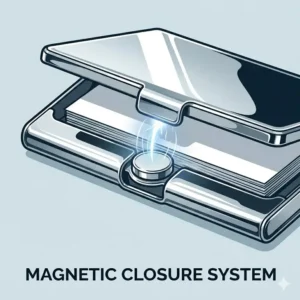 A flat-lay illustration featuring metal business card holders in various finishes including rose gold, silver, and titanium grey.