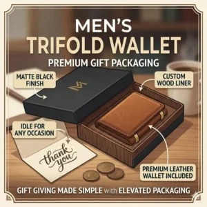 An elegant illustration of a mens trifold wallet resting next to a premium minimalist gift box with a ribbon.