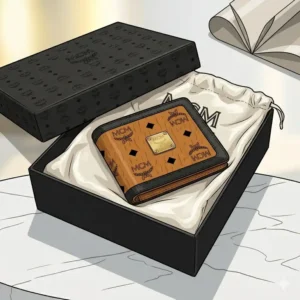 A brand new mcm wallet resting inside its original luxury gift box and dust bag.