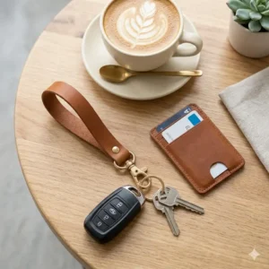 A graphic illustration showcasing a durable woven cotton wrist keychain texture with integrated key ring.