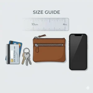 Compact coin pouch with zipper shown next to a smartphone for size comparison.