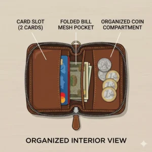 Organized interior view of a coin pouch with zipper with card slots and pockets.