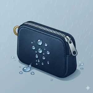 Durable water-resistant nylon coin pouch with zipper protecting contents from rain.