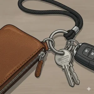 Functional keychain coin pouch with zipper attached to a metal ring for keys.