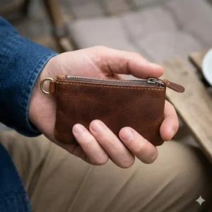 Ergonomic handheld coin pouch with zipper held in palm for easy access.