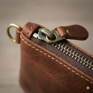 Macro close-up of reinforced stitching on a durable coin pouch with zipper.