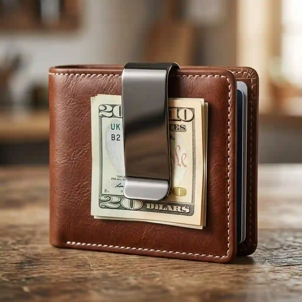 A premium leather wallet featuring a sleek built-in clip money clip holding folded cash.