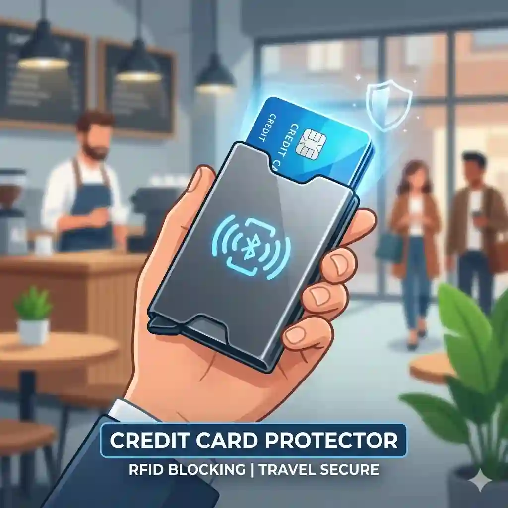 A sleek leather wallet with a built-in metal credit card protector keeping cards secure.