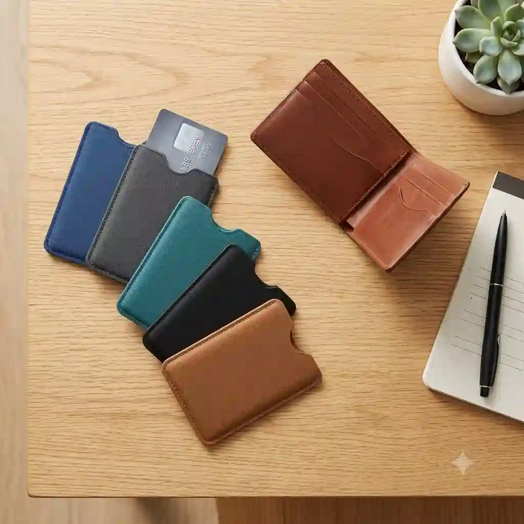 A collection of colorful, high-quality credit card sleeves neatly arranged on a modern wooden desk alongside a leather wallet.