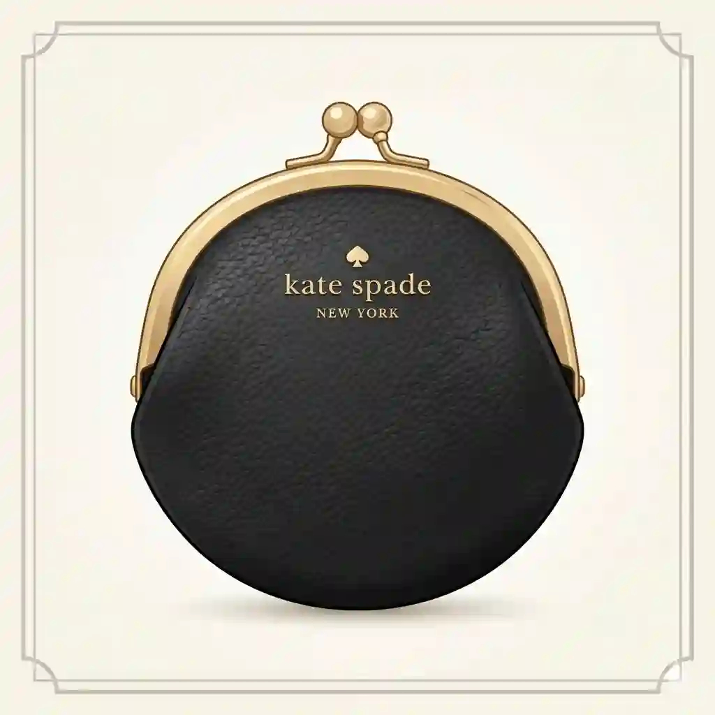 A classic Kate Spade coin purse in black textured leather with a gold frame closure, positioned as the featured product on a clean background.