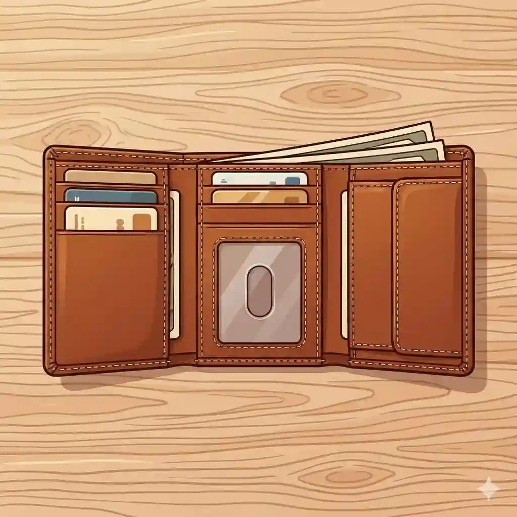 A classic brown mens leather trifold wallet displayed open on a rustic wooden surface, showing its card slots and bill compartment.