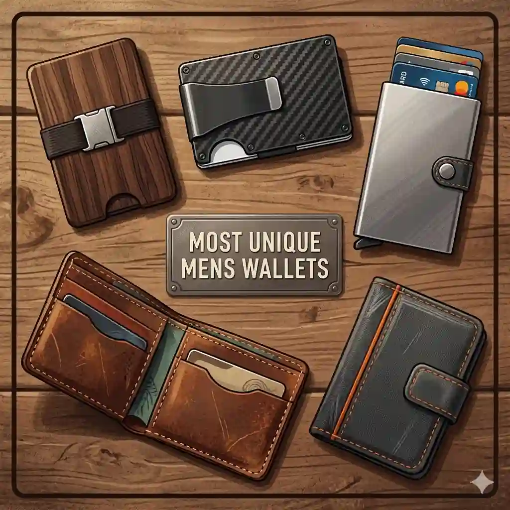 A flat lay collection of the most unique mens wallets featuring minimalist metal cards, wooden finishes, and distressed leather designs.
