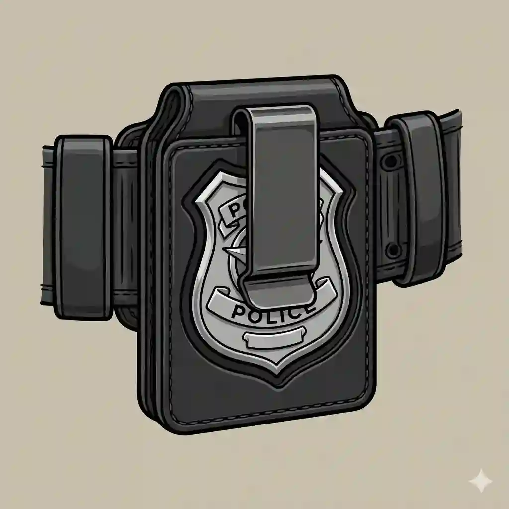 A heavy-duty black leather police badge holder with a sturdy metal belt clip attached to a tactical duty belt.