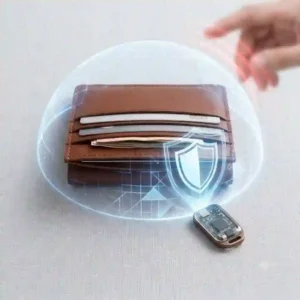 Side-by-side comparison showing a bulky, overstuffed traditional bifold wallet next to a sleek, compact slimline wallet.