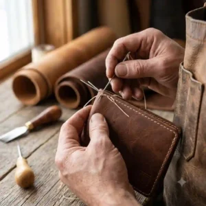 An artisan focusing on the hand-stitching process of a premium made in usa wallet