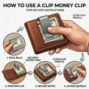 An instructional illustration showing how to properly slide bills into a magnetic clip money clip.