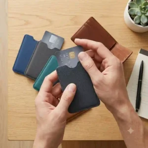 A close-up illustration of a hand smoothly sliding a plastic debit card into a protective credit card sleeves.