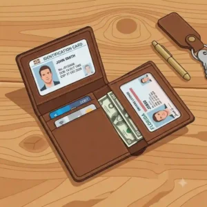 An open brown leather id card wallet displaying multiple card slots.
