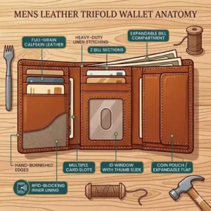 An illustration detailing the structure and anatomy of a premium mens leather trifold wallet, emphasizing genuine leather layers and heavy-duty stitching.