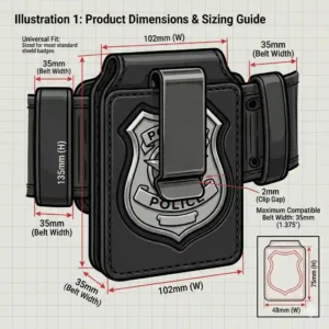 A detailed product dimension diagram showing the width, height, and recess depth of a universal police badge holder.