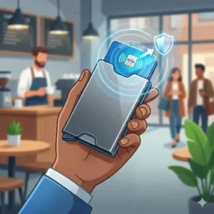 An illustration of a thief attempting to scan a pocket using a wireless reader, blocked by a credit card protector.