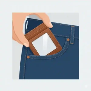 Minimalist illustration showing a slim id holder wallet sliding easily into a front pocket.