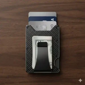 A sleek, rigid carbon fiber cardholder representing the most unique mens wallets with RFID blocking technology.