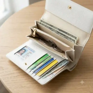 Open view of a white wallet showing multiple card slots, bill compartments, and a zippered coin pocket.