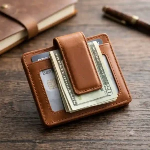 A classic leather wallet featuring the best money clip integration with magnetic closure.