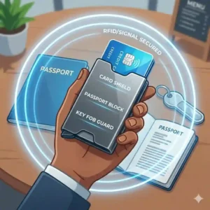 A detailed diagram showing the interior layers of an RFID-blocking credit card protector intercepting signals.