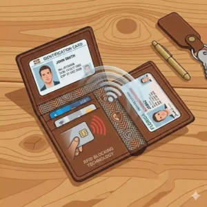 A vibrant, modern blue plastic id card wallet on a white surface.