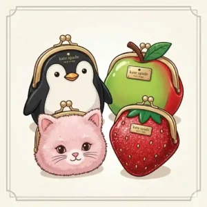An imaginative illustration showcasing various novelty shapes of a Kate Spade coin purse, such as a penguin, apple, cat, and strawberry.