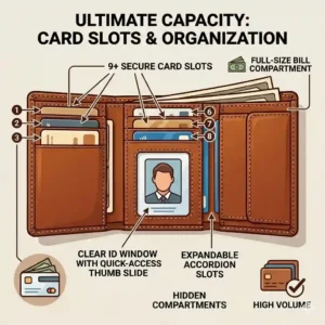 A diagram illustrating the high capacity of a mens leather trifold wallet, showing multiple card slots and an organized layout.