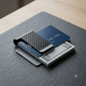 A minimalist carbon fiber clip money clip holding credit cards and currency notes.