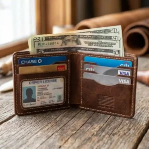 An opened view of a made in usa wallet showing the functional bill compartment