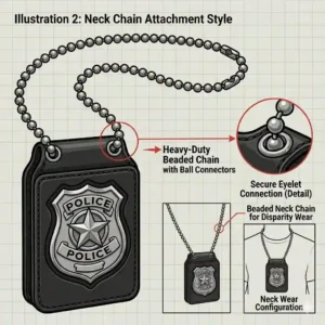 An illustration demonstrating how to wear a police badge holder around the neck using a heavy-duty beaded breakaway chain.
