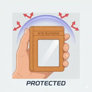 Vector graphic demonstrating RFID blocking technology shielding an id holder wallet from electronic theft signals.