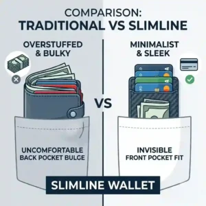 A close-up of a man easily sliding a thin slimline wallet into his front jeans pocket without creating a bulky silhouette.