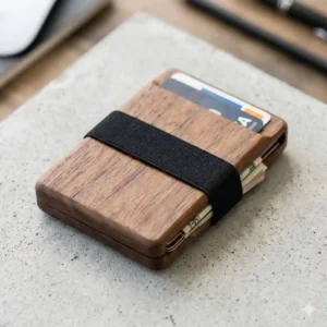 A handmade walnut wood slim wallet with an elastic band, showcasing organic materials in unique wallets for men.