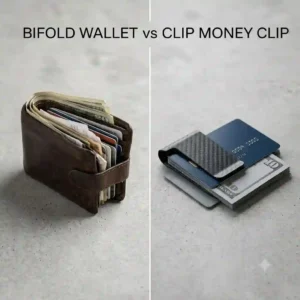 A side-by-side comparison diagram of a bulky bifold wallet versus a slim clip money clip.