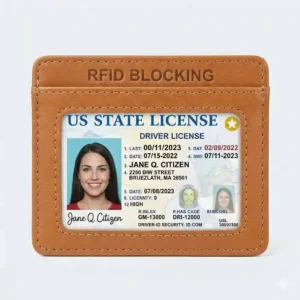 Close-up illustration of a clear plastic window on an id holder wallet for easy scanning and visibility.