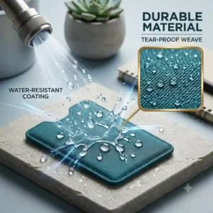 An illustrative graphic demonstrating water droplets deflecting off the surface of a durable, water-resistant credit card sleeves.