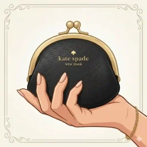 A close-up view focusing on a hand holding a pink Kate Spade coin purse to demonstrate its compact scale.