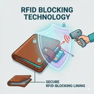 An graphic illustration showing how an RFID-blocking mens leather trifold wallet protects credit cards from wireless electronic theft.